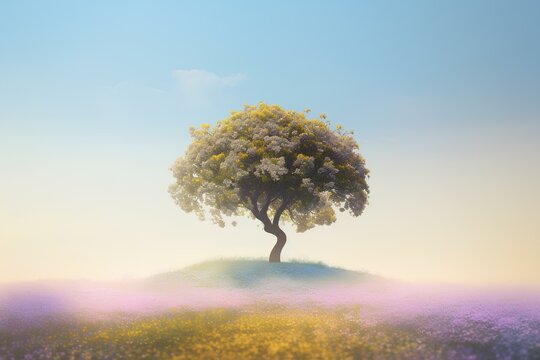 lonely tree in the fog - Powered by Adobe