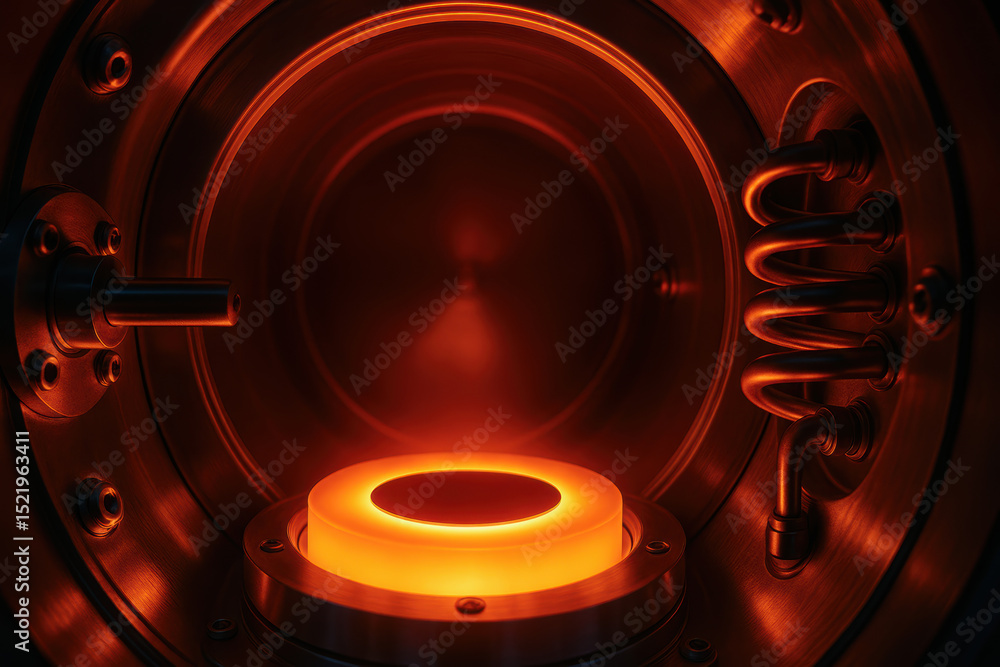 Poster glowing semiconductor wafer inside high tech machine highlights advanced production processes semico