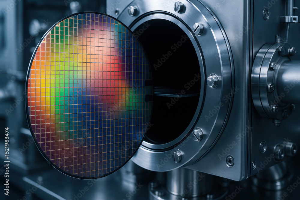 Poster semiconductor wafer is carefully handled in industry production process inside high tech machine ens