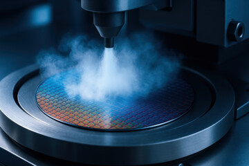 Semiconductor wafer in production with industrial equipment emitting vapor in high tech industry environment