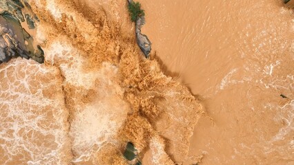 Drone aerial view of muddy floodwaters rushing over rocks, illustrating extreme weather events intensified by global warming and climate change impacting ecosystems and communities. Thailand.
