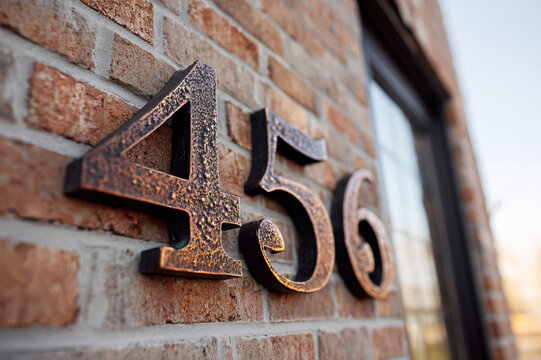 vintage iron house numbers on painted brick facade, 456