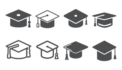 Graduation cap icon in line and glyph styles. Academic student hat vector symbol for education, university, diploma, success, and school celebration in modern design.