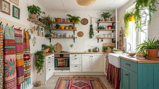Kitchen with plants and colorful textiles in bohemian style decor