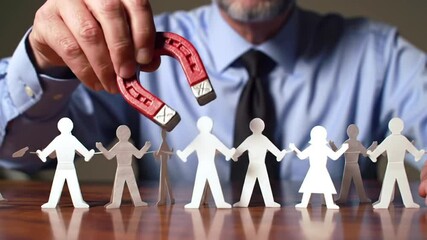 Hand Holds Magnet Attracting Paper People Group on Wood Surface Recruitment Concept Hiring Business Team Success Opportunity