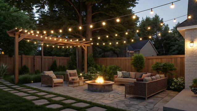 Backyard patio with fire pit string lights and outdoor furniture