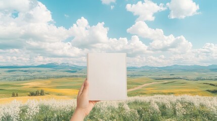 Hand Holding Blank Book Against Scenic Landscape with Clouds