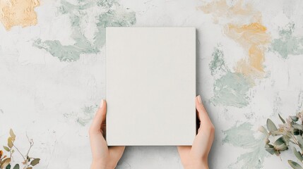 Elegant Hands Holding a Blank Book on Textured Pastel Background