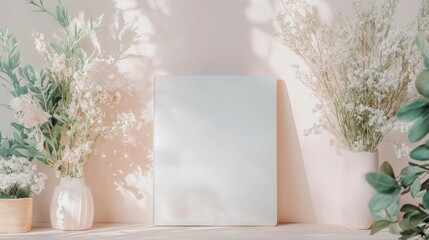 Minimalist Still Life with Blank Canvas and Floral Arrangements