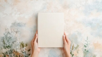 Hands Holding Blank Book on Artistic Floral Background Surface
