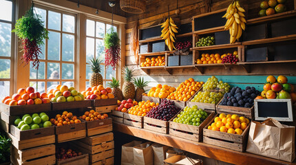 Interior view of a tropical fruit stall