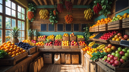 Interior view of a tropical fruit stall