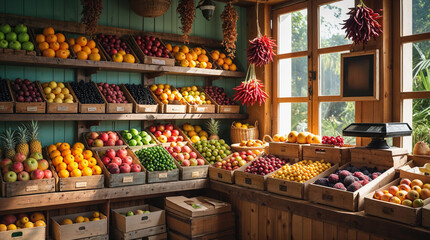 Interior view of a tropical fruit stall