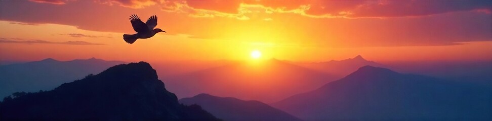 Obraz premium Silhouette of a bird soaring high above a majestic mountain range at sunset, representing spiritual ascension and freedom , journey, bird