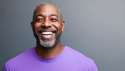 Obraz premium Smiling man with a gray beard wearing a purple t-shirt.
