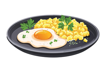 Scrambled and Fried Eggs Plate - Vector Illustration