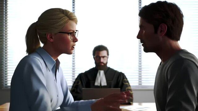 Intense Courtroom Argument Blonde Woman Versus Man with Judge in Gown Bright Interior