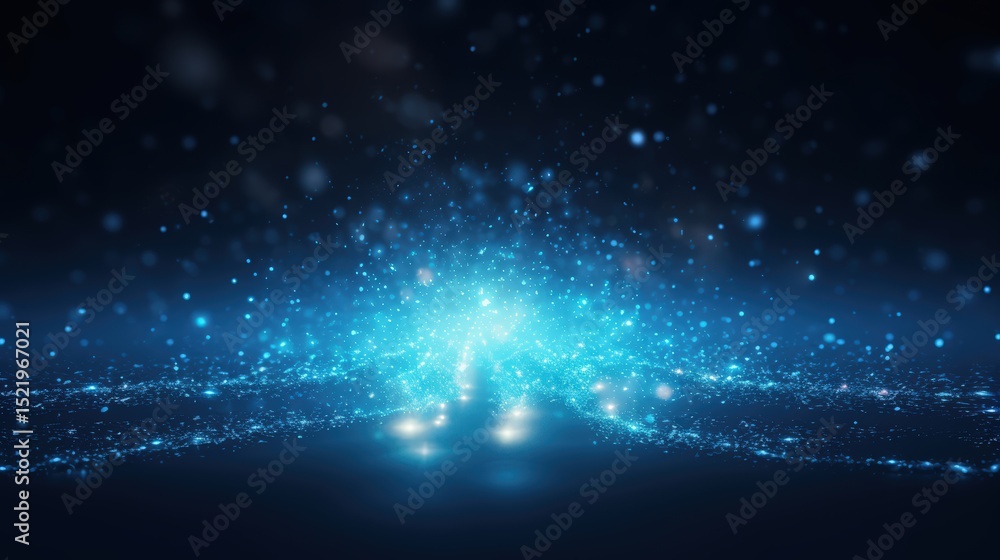 Aufkleber abstract blue glowing particles on a dark background with bokeh lights and space for text