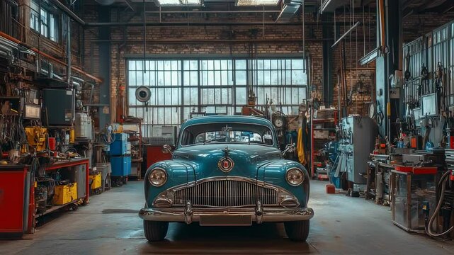 Vintage automobile awaits restoration in a cluttered workshop environment