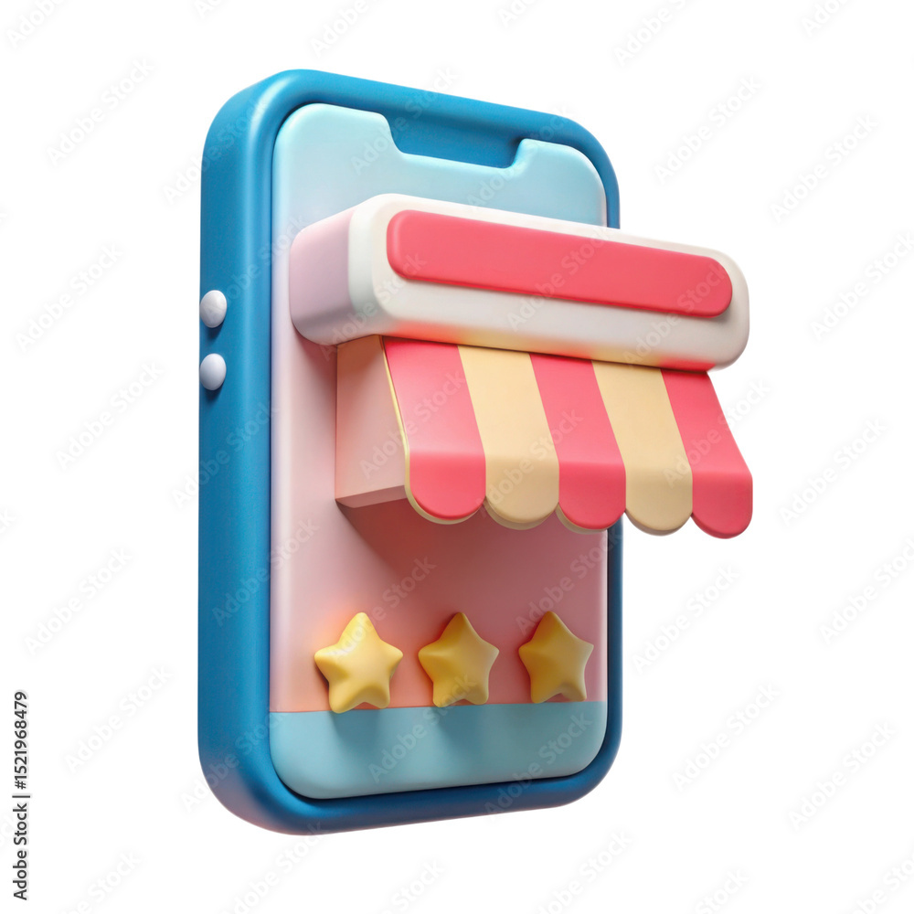 Poster a 3d stylized smartphone with a store awning and three stars on the screen design