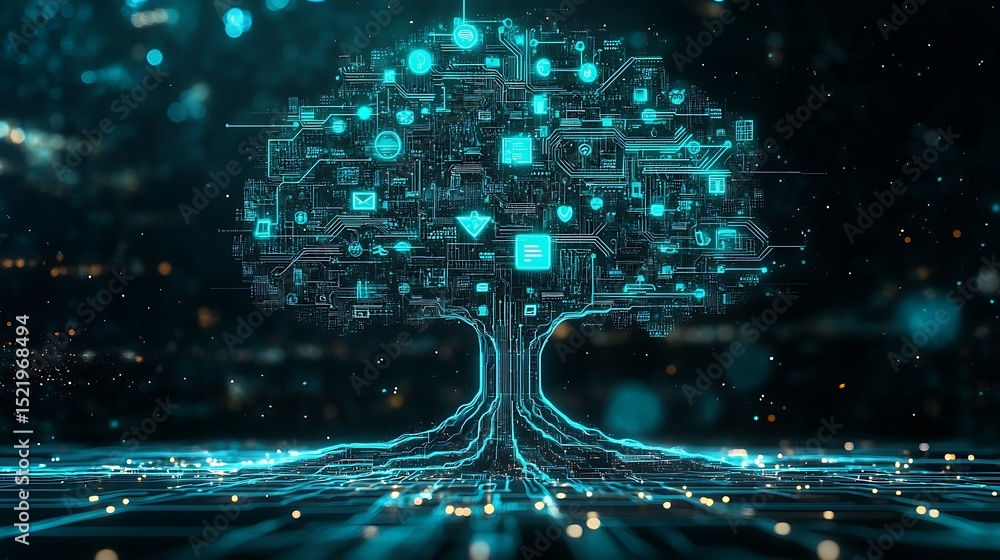 Poster digital tree of interconnected technology.