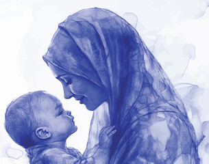 A tender moment between a Middle-Eastern mother and her baby, beautifully illustrated.