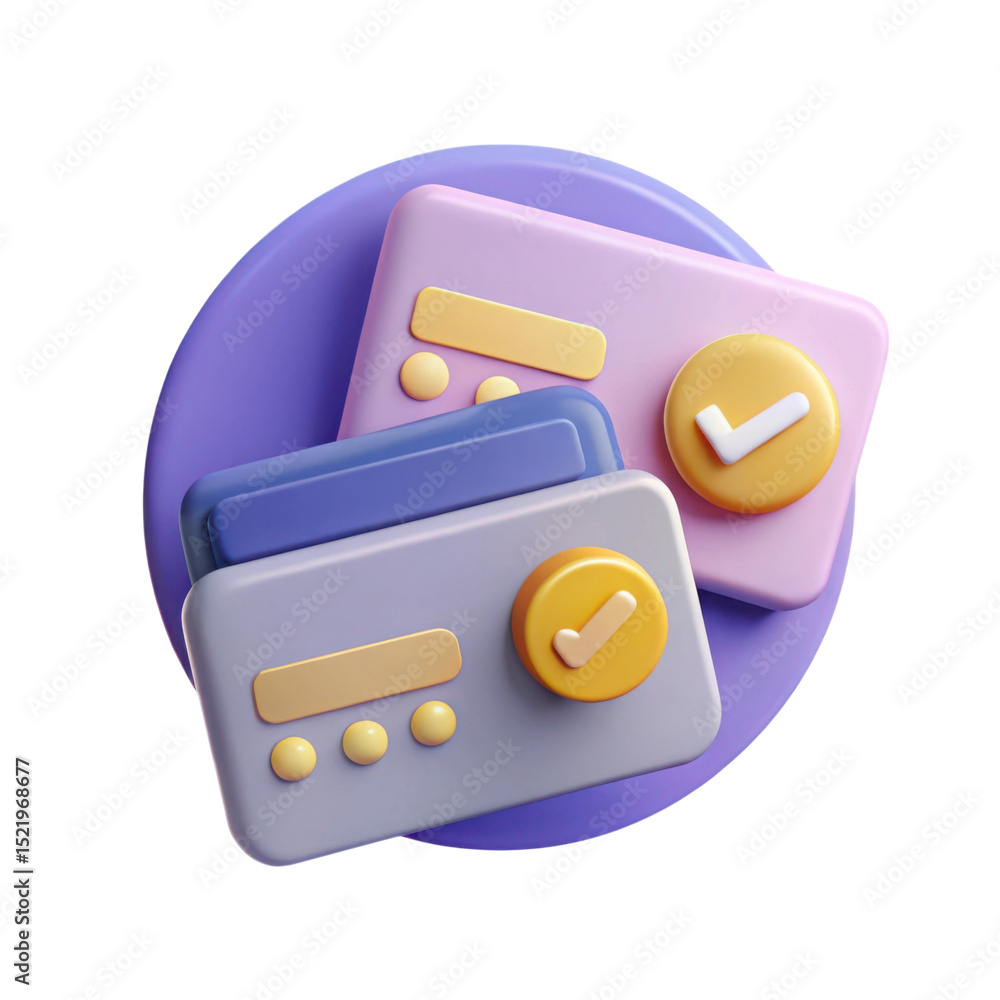 Poster 3d rendered image of two cards with check mark on a purple circular background
