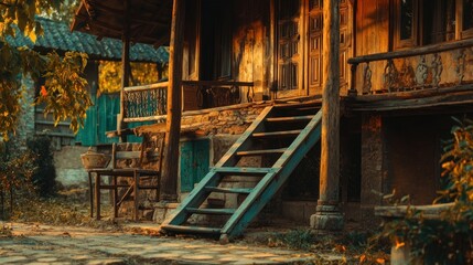 Rustic wooden building entrance with stairs and a porch detail