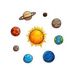 Illustration of the solar system with the sun at the center surrounded by eight colorful planets in orbit, showing a whimsical and educational representation of space