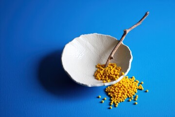 Minimalist composition of a white textured ceramic bowl with a natural twig and scattered yellow seeds on a vibrant blue surface conveying simplicity and calm