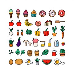 Colorful hand-drawn icons of various foods, plants, drinks, and desserts arranged in a neat grid, evoking a cheerful and playful mood
