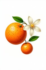 Realistic illustration of two ripe oranges with green leaves and a white citrus blossom on a white background
