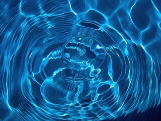 Close-up of concentric ripples and waves on the surface of clear blue water reflecting light