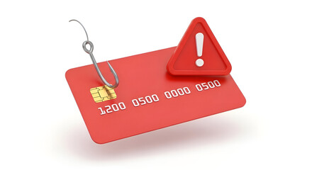 Online banking fraud concept showing phishing hook with credit card and phone warning symbol
