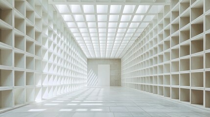 Obraz premium Hallway with modular storage and striking illumination showcasing sleek architecture