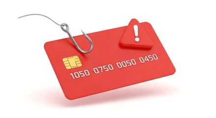 Cybersecurity threat with phishing hook, credit card, and smartphone alert icon on white background