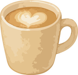 Watercolor Illustration of Cafe Latte with Heart Latte Art