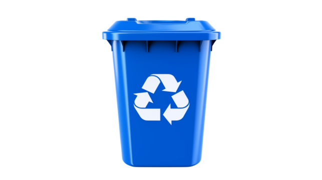 A blue recycling bin with a white recycle symbol on it front
