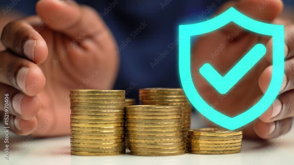 Poster stacks of golden coins protected by teal shield and dark skinned hands on white table emphasizing fi