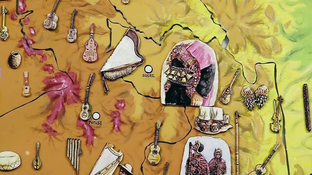 Mural Depicting Bolivian Map With Andean Instruments and Figures - Close-Up