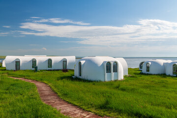 The space capsule building on the Hohhotonor Grassland in Hulunbuir City, Inner Mongolia Autonomous Region, China