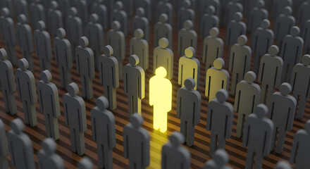 Concept of individuality and leadership with glowing yellow figure standing out in a crowd of identical grey people