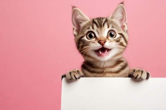 Cat face on ad. Poster mockup cat. Branding with wild pet. Ð¡ute cat american curl hold in front paws a design draft - large white way sign. Isolated baby feline on a solid suit pink background.