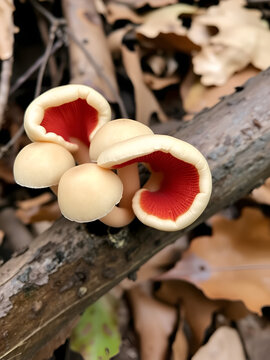 Sarcoscypha austriaca - a saprobic rare nonedible fungus known as the scarlet elfcup. Beige mushroom cups scarlet inside growing on a fallen tree branch between rotten leaves. Early spring in woods.