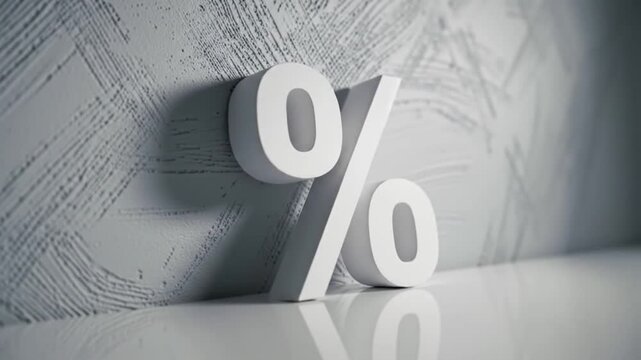 White Percentage Sign Against a Textured Gray Wall in Soft Diffused Lighting with Shadows and Reflections