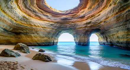 Stunning sea cave with natural arches and beach inside, turquoise water and rock formations under sunlight
