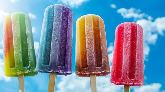 Colorful popsicle assortment against a vibrant blue sky with fluffy white clouds background