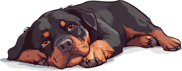 A relaxed Rottweiler lying down with a calm expression.