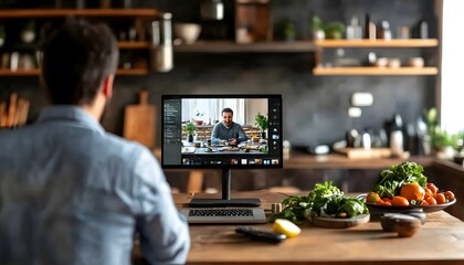 Person watches online cooking demonstration in a kitchen.