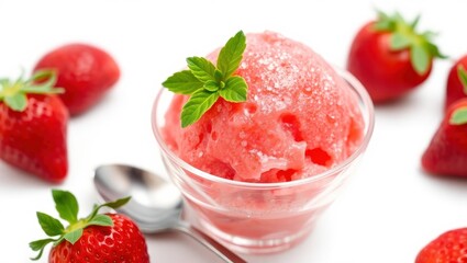 Fresh strawberry sorbet served in a bowl with mint garnish.